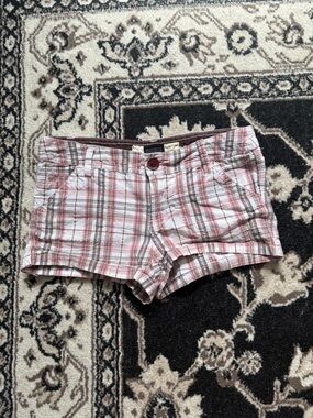 Pink white and brown plaid low rise shorts